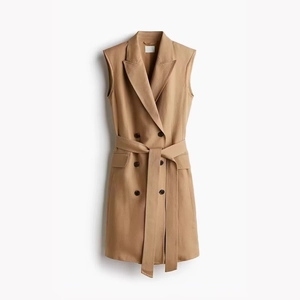 Sleeveless khaki double-breasted blazer dress with notched lapels and matching waist belt