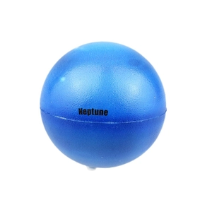 Close-up of deep blue PU foam Neptune planet stress relief ball with printed lettering