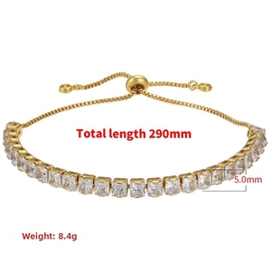Detail of adjustable gold tennis bracelet with 5mm square-cut zirconia stones