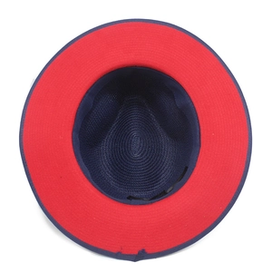 Detailed top view of navy blue and red contrast weave fedora hat interior structure