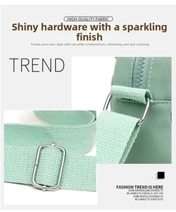 Close-up of mint green Oxford bag featuring woven strap and silver metal buckle