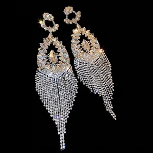Sparkling silver fringe drop earrings with crystals for evening parties and weddings