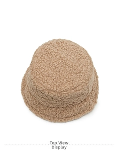 Top down view of a plush light brown sherpa bucket hat showing soft warm texture