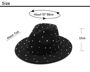 Detailed size chart for black wool fedora hat with sparkling rhinestones decoration
