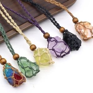 Collar De Piedra Natural Cristal En Bruto Colgante Tejido A Mano Macramé Red Cuerda Ajustable Cuentas De Madera Estilo Bohemio