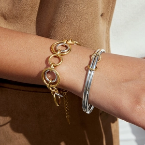 Two-tone mixed metal chain bracelet and double-layer silver bangle stack for women