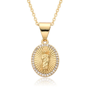 Oval religious icon necklace in 18k gold plated copper with sparkling zircon border