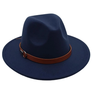 Close-up of the dark blue fedora hat with brown leather belt and silver ring buckle