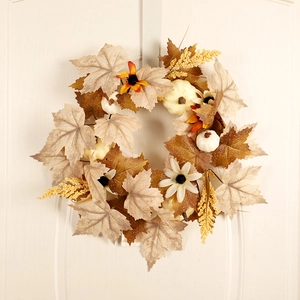 Artificial Autumn Maple Leaf Wreath With Foam Pumpkins Sunflowers Berries For Thanksgiving Halloween Front Door Decoration