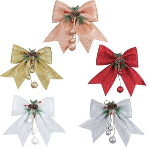Glitter Christmas bow ornaments with pinecones and berries for tree decoration, 5 colors