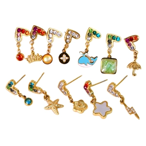 Colorful heart-shaped stainless steel earrings set with crystal rhinestone charms