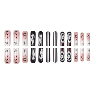 Halloween coffin fake nails set featuring ghost scream face and heart pattern designs