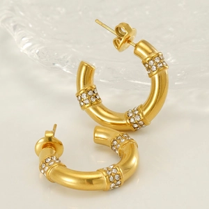 Women 18K Gold Plated Stainless Steel Bamboo Hoop Earrings Rhinestone Inlaid Retro C Shaped Fashion Jewelry