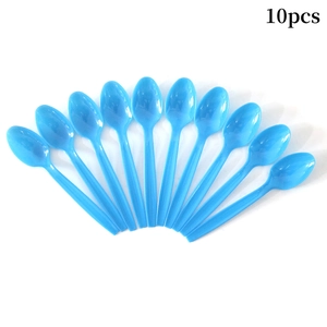 Detailed overhead view of 10 blue plastic spoons arranged for Oktoberfest parties