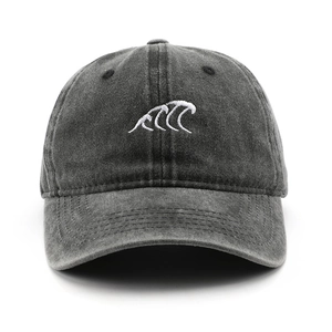 Vintage washed charcoal baseball cap with white wave embroidery and cotton twill texture