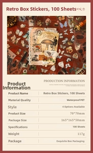 Detail showing vintage waterproof PET stickers with 100 sheets in a retro wooden display