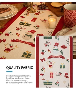 Detail of Christmas table runner with snowman patterns and wavy red borders for holidays