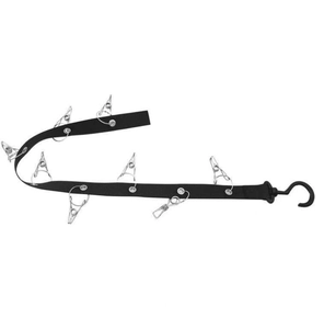 Detail of a black door-mounted hat organizer with durable stainless steel clips
