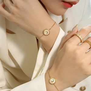 French style gold titanium steel crescent moon bracelet with white shell pendant for women