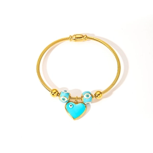18K gold plated stainless steel twisted bangle with blue heart evil eye charms