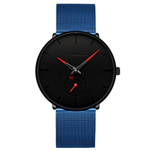 Detail of Yolako men's watch featuring a black dial, blue mesh band, and red accents