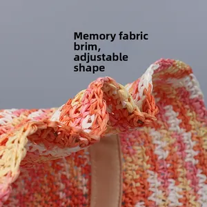 Detail of colorful woven straw hat brim with flexible memory wire for adjustable styling