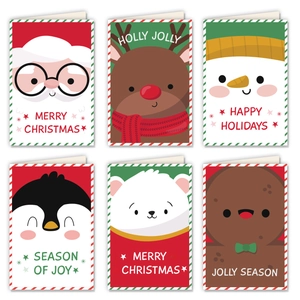 Detail of six festive Christmas cards featuring Santa, reindeer, and snowman illustrations