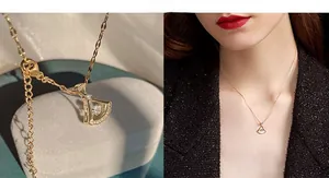 Macro view and model wearing a gold fan-shaped necklace with shimmering crystals