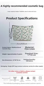 Detailed size specifications for a cherry pattern linen makeup bag measuring 17x25cm