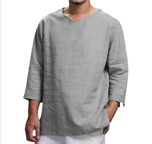 Men's casual loose grey cotton linen V-neck shirt with long sleeves and natural texture