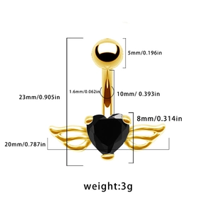 Tableau des tailles du piercing de nombril doré avec zircon en cœur et des ailes