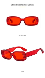 Detailed front and side views of red rectangle sunglasses with transparent frames