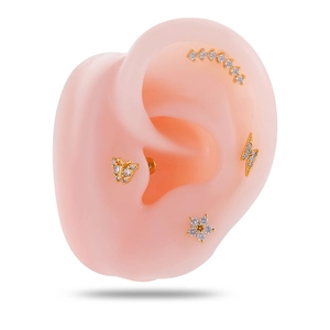 Gold butterfly and lightning stainless steel ear studs with zircon on ear model
