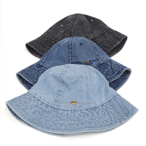 Three-color washed denim bucket hats with metal logos and contrast stitching accents