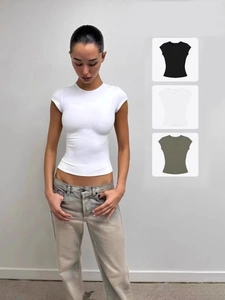 Women Slim Fit T-Shirt Nylon Spandex Round Neck Short Sleeve Solid Color High Elasticity Chic Sexy Athletic Workout Top