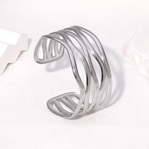 Polished silver multi-layer wavy open cuff bracelet in minimalist stainless steel