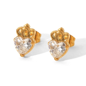 Macro shot of gold heart-shaped zircon earrings with crown detail and push-back closure