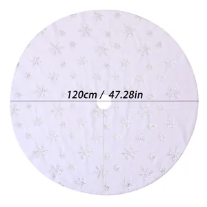 Detail view of 120cm white plush Christmas tree skirt with sparkling silver sequins