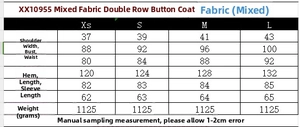 Size guide table showing measurements for double-breasted mixed fabric coat for women