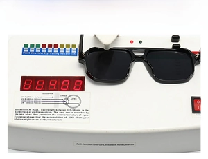 UV400 testing of vintage black square sunglasses showing full UV protection capability