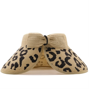 Leopard print brim sun hat with open top and bow detail for summer beach UV protection