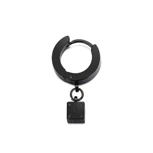 Minimalist black stainless steel hoop earrings featuring a stylish dice pendant charm