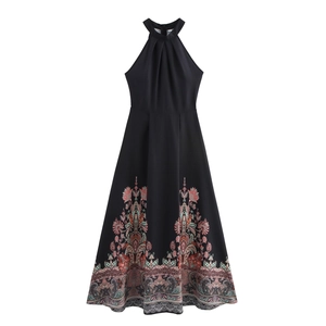 Women Halter Neck Maxi Dress Sleeveless Polyester Ethnic Print Paisley Floral High Waist Back Zipper Vacation Boho Style