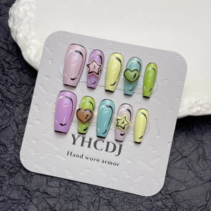 Handmade Press On Nails 2D Anime Style Macaron Colorful Hearts Stars 3D Resin Charms Cartoon Graffiti Art Fake Nails