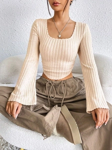 Women Ribbed Knit T-Shirt Square Neck Long Sleeve Crop Top Slim Fit Elegant Casual Solid Color