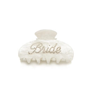 Elegant pearl white acetate hair claw clip with crystal Bride lettering for wedding