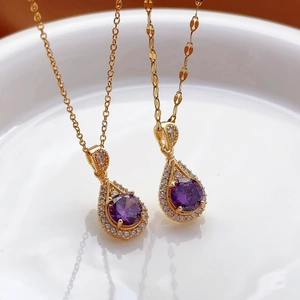 Alloy Amethyst Color Rhinestone Teardrop Pendant Necklace For Women Elegant Gold Plated Water Drop Clavicle Chain Jewelry Gift