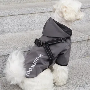 Waterproof reflective dog raincoat in grey with integrated harness and hood