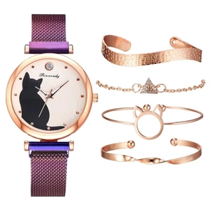 Rose gold quartz watch with cat dial and matching purple mesh strap bracelet set