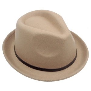 Classic camel wool fedora hat with elegant brown band in a stylish side-top view